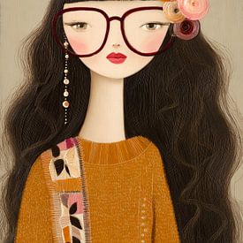 Meisje met grote bril en bloemen in het haar, speelse illustratie in warme tinten van Carla Van Iersel