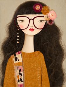 Mädchen mit großer Brille und Blumen im Haar, verspielte Illustration in warmen Farbtönen