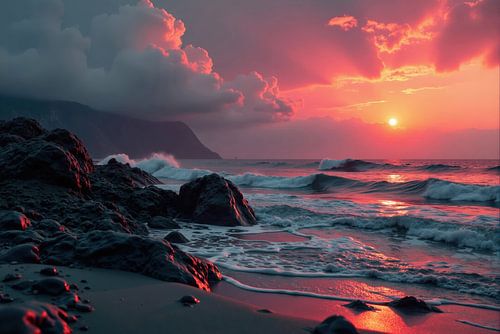 Kustzonsondergang met rotskust en golven