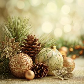 Christmas baubles Classic Gold Green with Pine and Glitter by Eva Lee