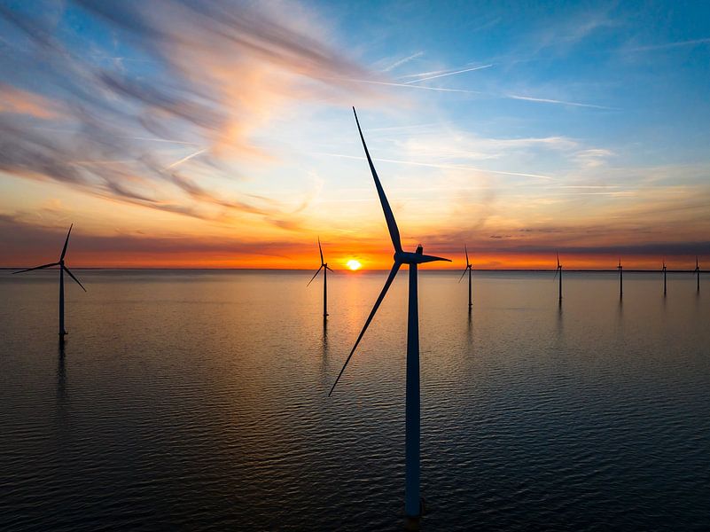 Wind turbines in an offshore wind park during sunset by Sjoerd van der Wal Photography