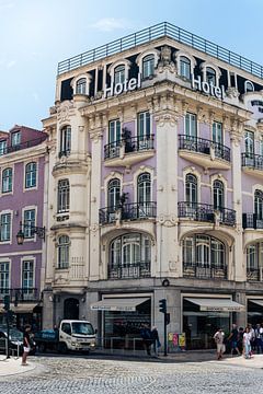 Street scene in Lisbon with historic hotel