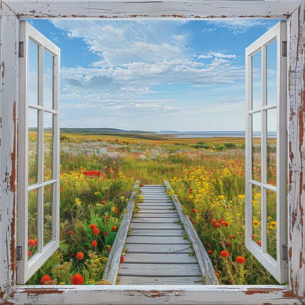 Blumenwiese durch Fenster von Poster Art Shop