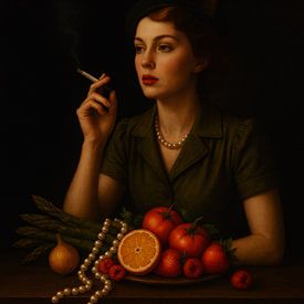 Crimson Contemplation - woman with still life in old masters style by Kleurenrijk