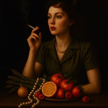 Crimson Contemplation - woman with still life in old masters style by Kleurenrijk