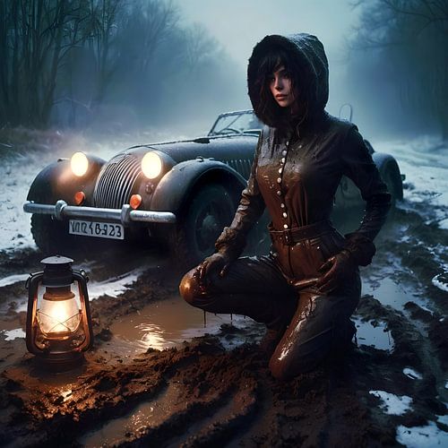 met de Morgan sportwagen in de winter