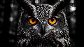 Doordringende oranje ogen: portret van een grote gehoornde uil – wanddecoratie met selectieve kleuren