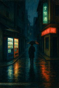 Neon-Straßen von Tokio bei leichtem Regen