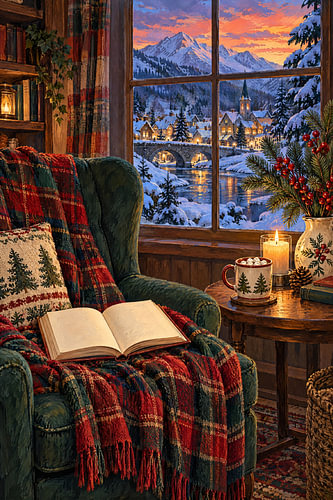 A reading nook by the window overlooking the mountain village