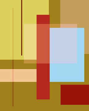 Geometrische retro kleurenblokken in pastelblauw, warm rood, olijfgroen, geel van Dina Dankers