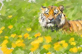 Belle peinture d'un tigre dans un champ de fleurs