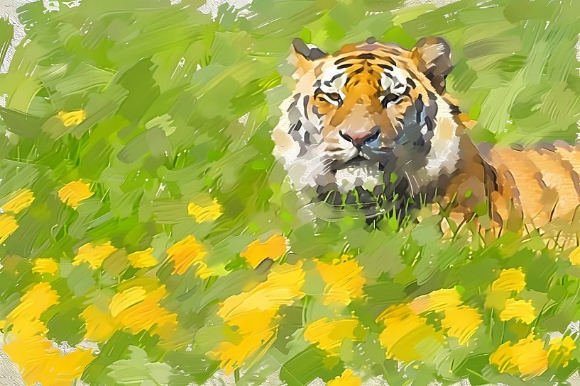Schönes Gemälde eines Tigers in einem Blumenfeld von Art & Soul Creations