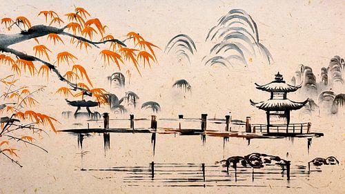 Minimalistische japanische Herbstlandschaft in Sumi-e