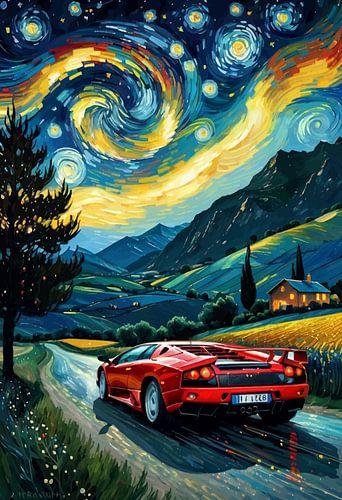 Lamborghini Diablo Sternennacht Abstrakte Kunst – Von Van Gogh inspirierte Wanddekoration für Supersportwagen von MIROKKU
