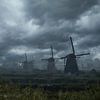 Mistige kalmte bij de Nederlandse Unesco windmolens van Mart Houtman