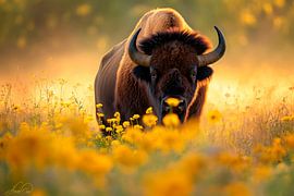 Bison dans un champ de fleurs sur Poster Art Shop