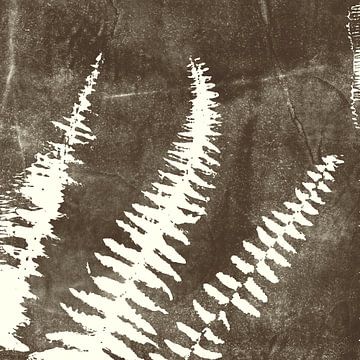 Drei weiße Farnblätter auf rostbraun. Moderne botanische Kunst. von Dina Dankers
