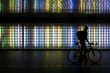 Silhouet van een fietser in de noordertunnel bij Utrecht CS van Peter Nederlof