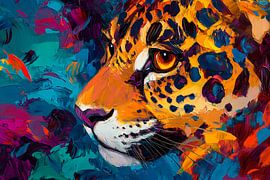 Lichtgevend jaguarportret in een kleurenzee van Poster Art Shop