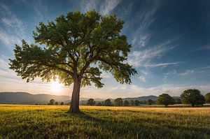 Majestätischer Baum bei Sonnenuntergang im Feld