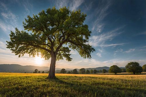 Majestueuze boom bij zonsondergang in veld
