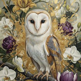 Schleiereule zwischen Orchidee und Magnolie von By Marjolein Design