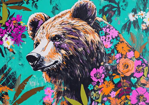Modern Bear with Colourful Flowers