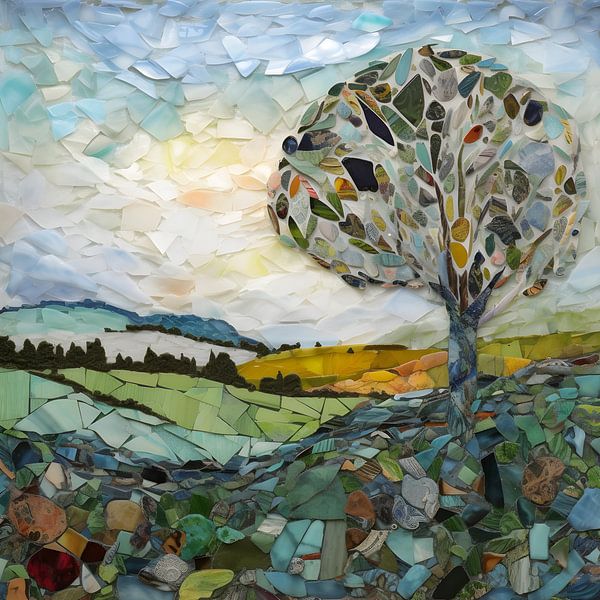 Landschaft aus Glasscherben, Porzellan, Töpferware und Acrylfarbe von Jan Bechtum