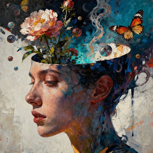 Abstract surrealistisch portret met bloemen en vlinders