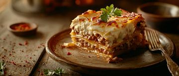 Stevige lasagne geserveerd op een houten schotel van Poster Art Shop
