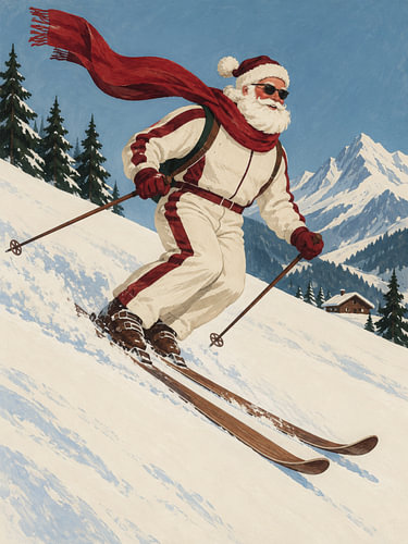Der Weihnachtsmann rast mit voller Geschwindigkeit durch den Schnee