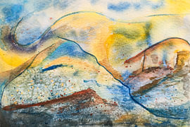 Abstract mountain landscape in blue and golden yellow