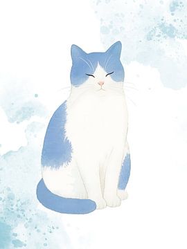 Ruhige blaue Katze – Minimalistische Aquarellillustration von Keny Studio