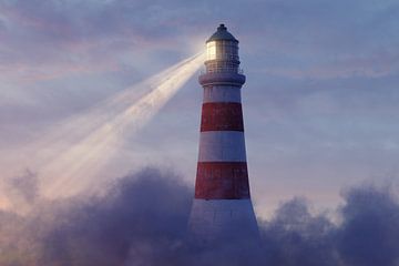 stralende vuurtoren boven de wolken in avondstemming van Besa Art