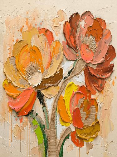 Bouquet de fleurs moderne et abstrait, technique mixte, avec relief