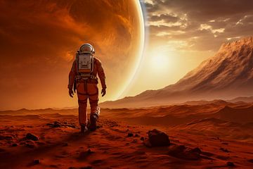 Astronaut in ruimtepak wandelend op stoffig Mars-terrein bij zonsondergang, illustratie van Animaflora PicsStock