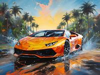 Gelber Lamborghini mit Palmen, Acryl