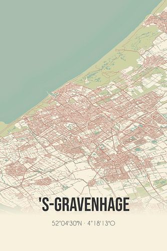 Retro kaart van 's-Gravenhage, Randstad, Zuid-Holland.