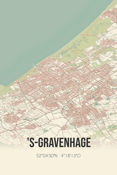 Retro map of The Hague, Randstad, South Holland. by Prints of Place