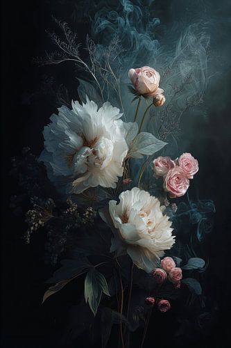 An enchanting still life in which white peonies and soft pink roses unfold against a deep dark background. The composition is enveloped by mysterious clouds of smoke in cool turquoise tones, creating a dreamy atmosphere. The delicate flowers appear to float in the darkness, with the contrast between light and dark creating a dramatic effect reminiscent of the old masters.