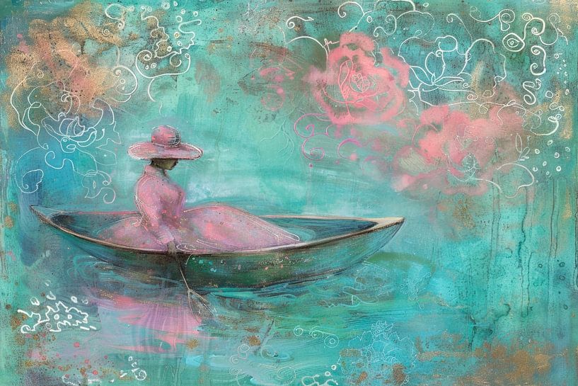Türkisfarbenes Gemälde, Frau im Boot, impressionistisch von Joriali Abstrakte Kunst