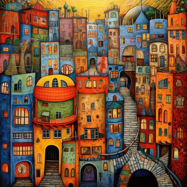 Colourful staircase in imaginative city by Natasja Haandrikman
