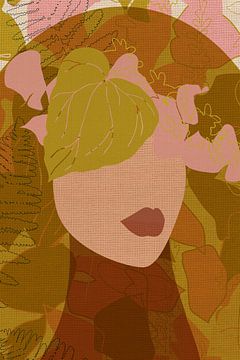 70s Retro portret in oranje, roze, oker vintage bloemenpatroon van Dina Dankers