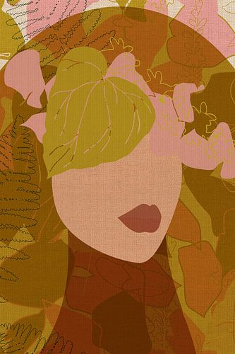 70s Retro portret in oranje, roze, oker vintage bloemenpatroon