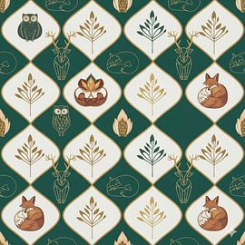 Nahtloses Muster Woodland Geometric - Eule & Fuchs auf Grün von Ruliyreed