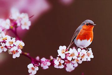 Robin on a blossoming cherry tree in springtime by Animaflora PicsStock