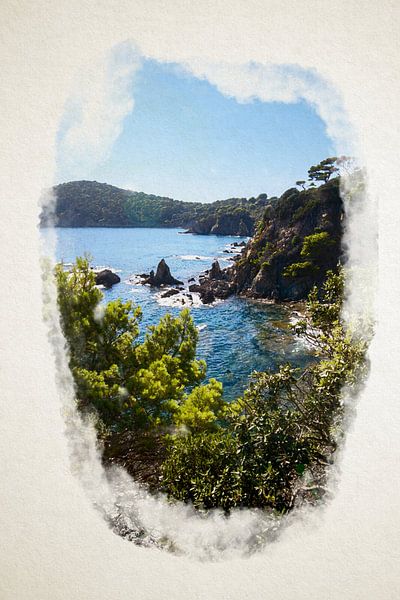 Coastal splendour with mighty mountains in clear skies in watercolour by Youri Mahieu