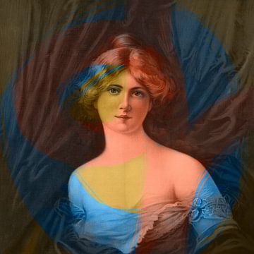 Vintage-Porträt einer jungen Frau in warmem Braun, Blau und Senfgelb. von Dina Dankers