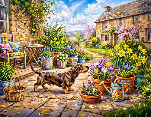 Dachshund Walking Through Colorful Flower Patio Garden