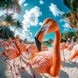 Flamants roses sur la plage - Paradis tropical